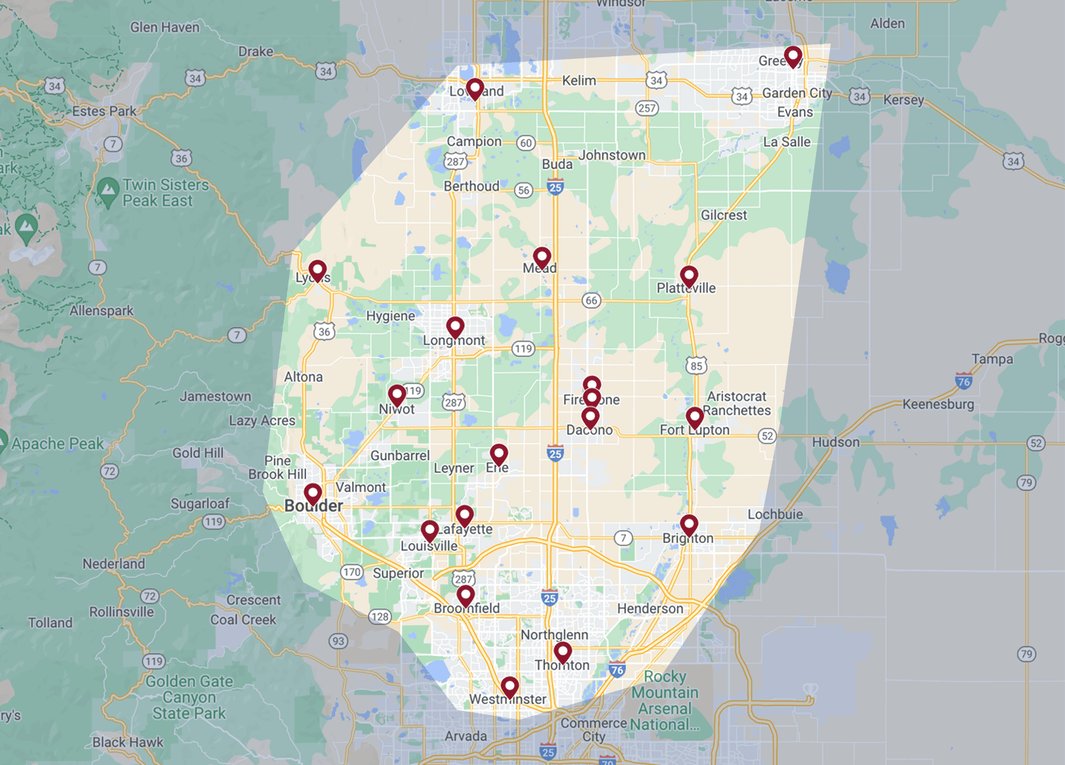 Carbon Valley Heating and Air service area map.