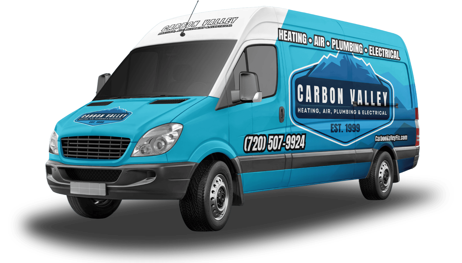 Carbon Valley Heating, Air, Plumbing & Electrical service vehicle with branded truck wrap.