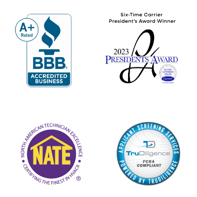 Logos for BBB, Carrier President's Award, NATE, and TruDiligence.