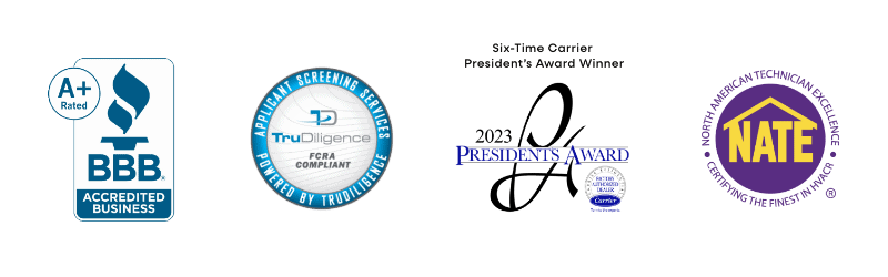 Logos for BBB, Carrier President's Award, NATE, and TruDiligence.